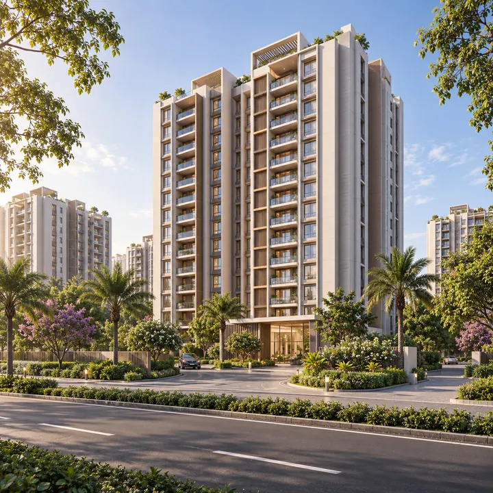 DivyaSree Shettigere indicative street elevation of a residential block at ground plus thirteen upper floors DivyaSree Shettigere indicative street elevation of a residential block at ground plus thirteen upper floors